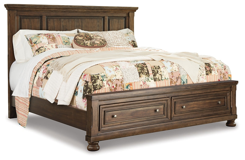 Flynnter Queen Panel Bed with 2 Storage Drawers with Mirrored Dresser, Chest and Nightstand