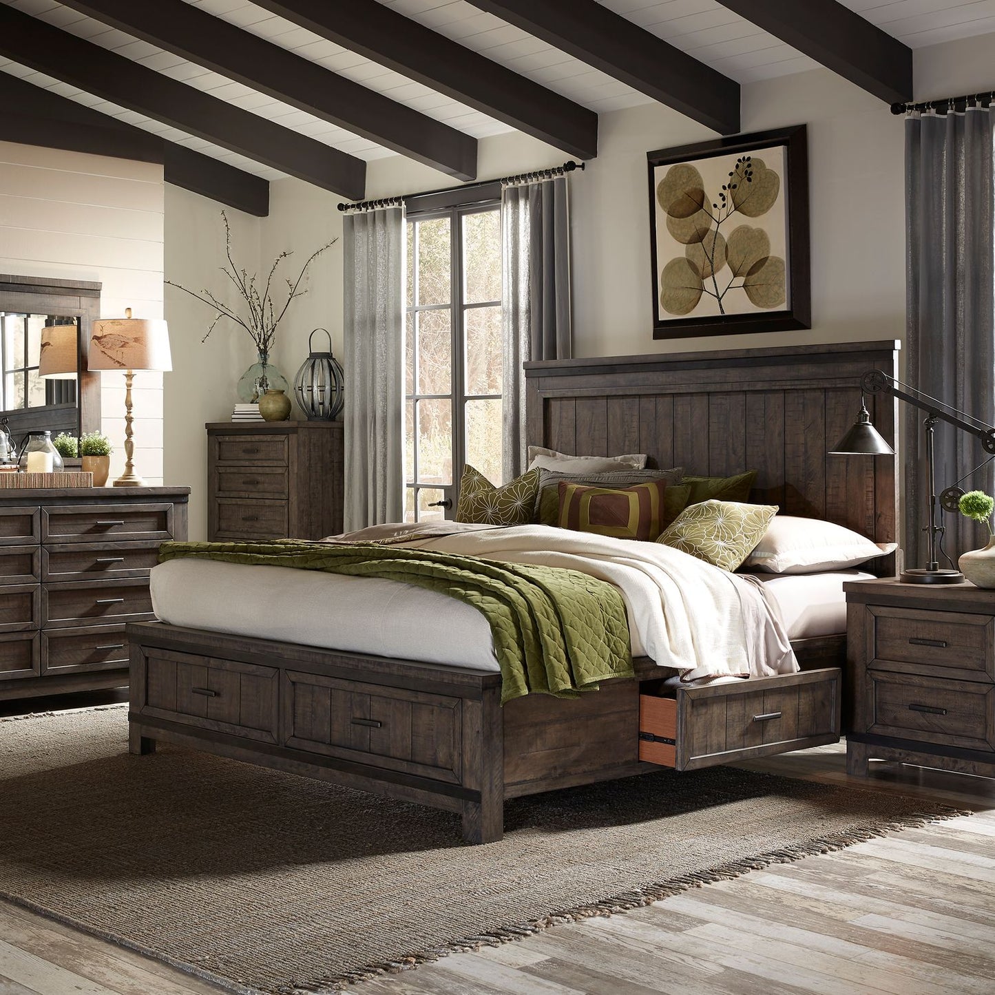 Thornwood Hills - King Two Sided Storage Bed, Dresser & Mirror, Chest, Night Stand