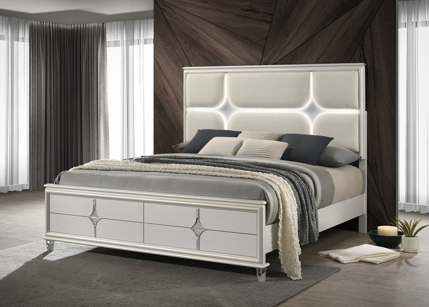 Olivia Queen Panel Bed LED Headboard Pearl White