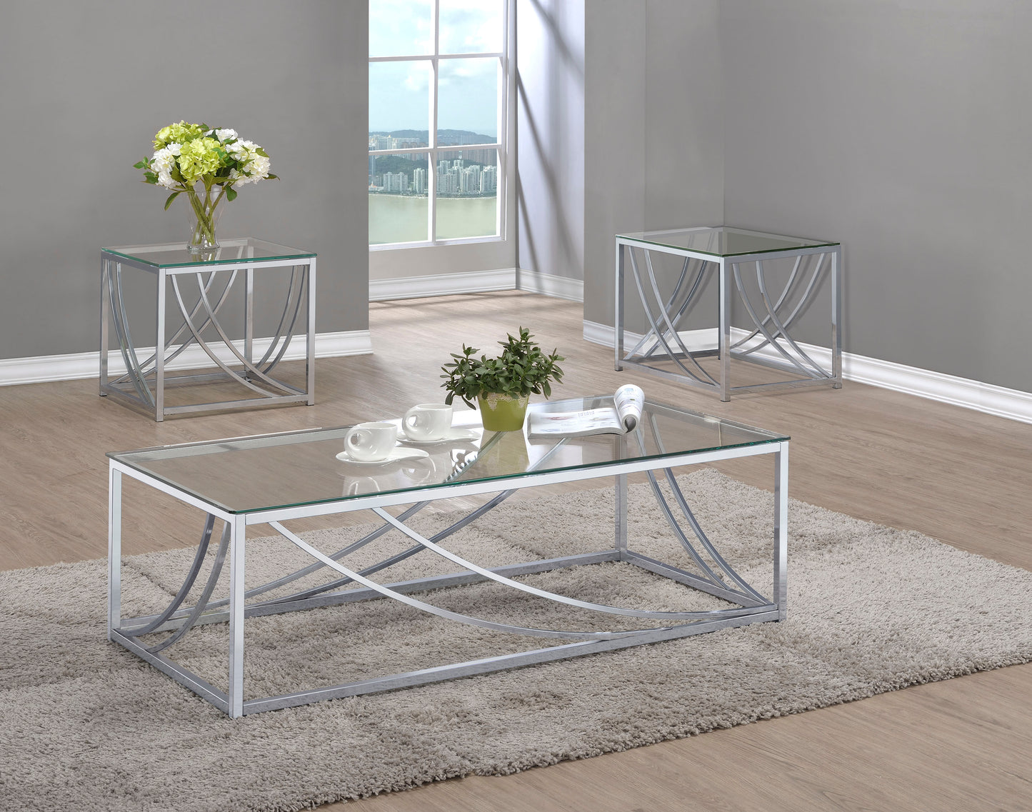 Lille 3-piece Glass Top Coffee and End Table Set Chrome