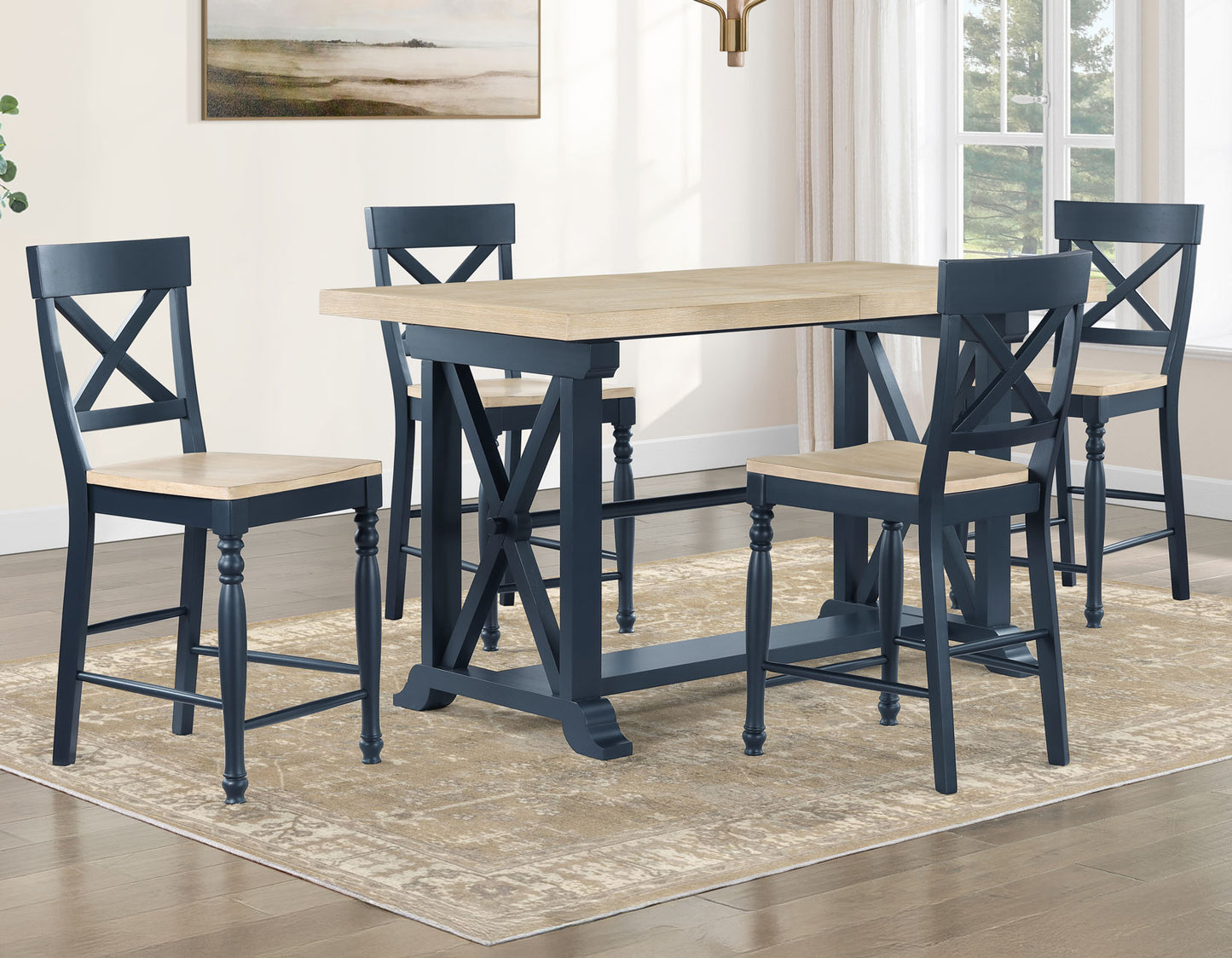 Darcy 5-Piece 64-82"Counter Set with 18-inch leaf, Midnight Blue and Natural Finish