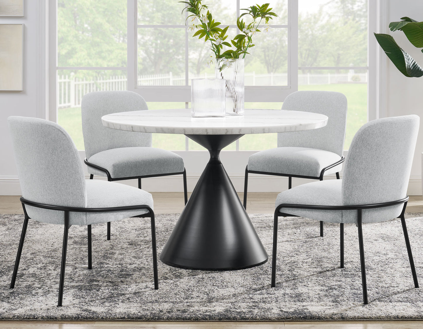 Conrad 48"White Marble Top Table with Black Conical Base