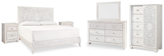 Paxberry King Panel Bed with Mirrored Dresser, Chest and 2 Nightstands