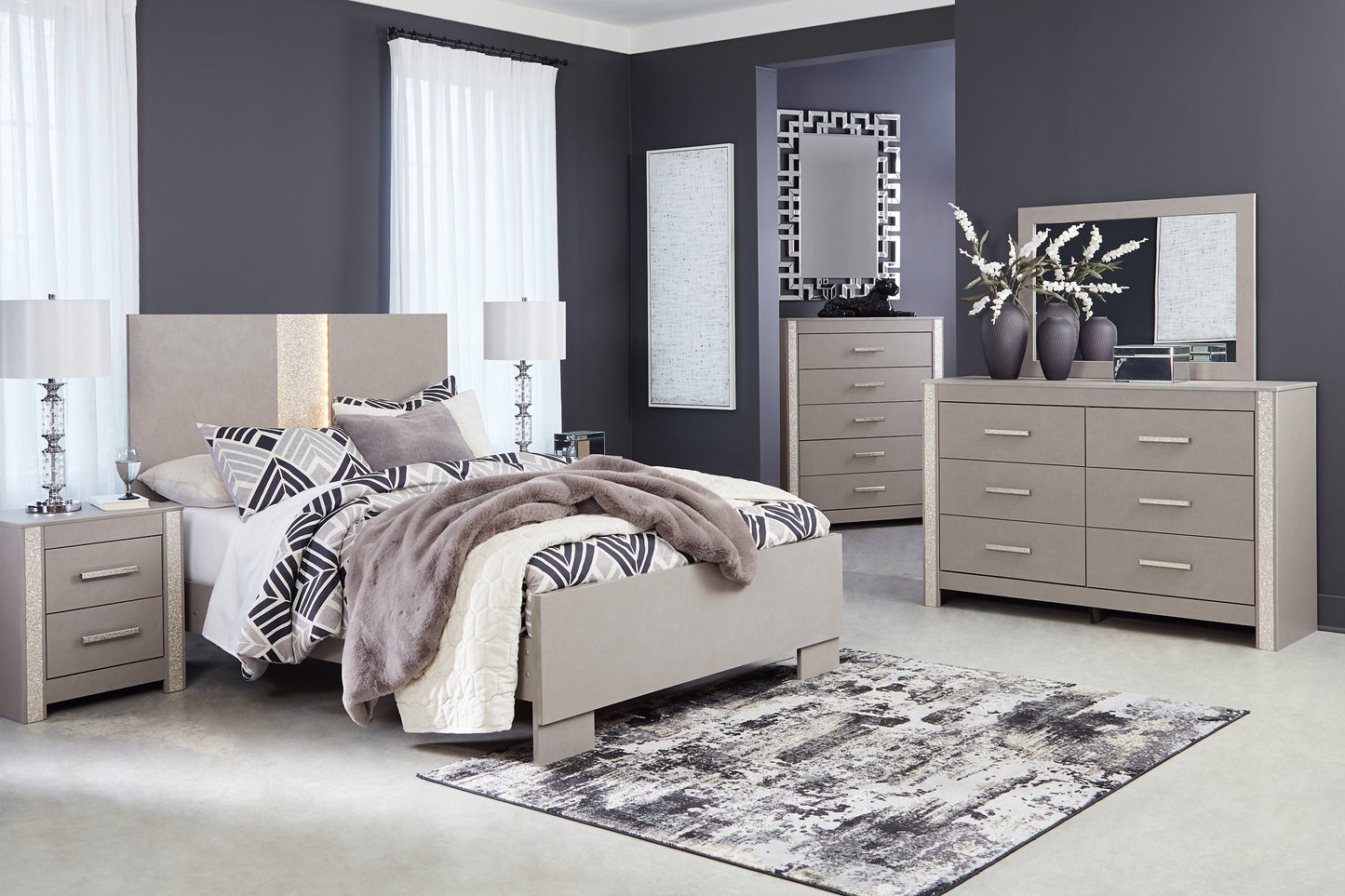 Surancha Queen Panel Bed with Mirrored Dresser, Chest and 2 Nightstands