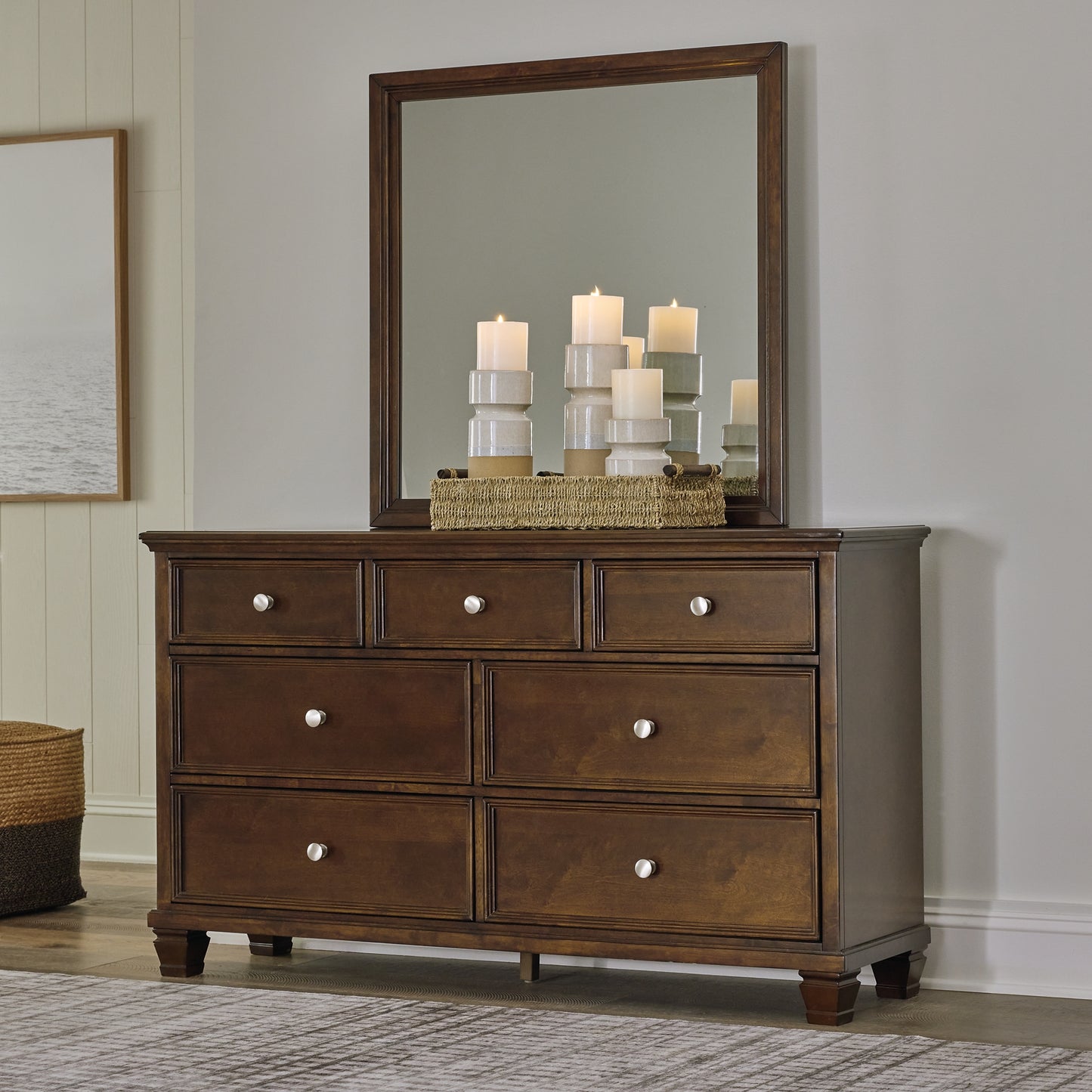 Danabrin California King Panel Bed with Mirrored Dresser, Chest and 2 Nightstands