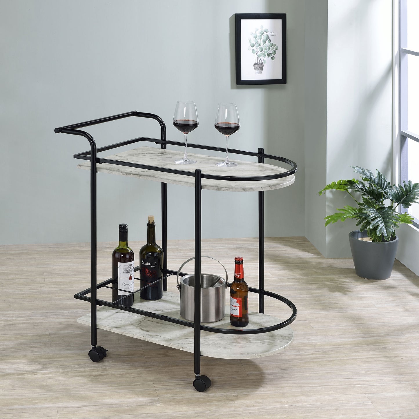 Desiree 2-tier Faux Marble Shelf Metal Bar Cart Black